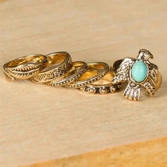 GOLD & TURQUOISE BOHO RING SET - Picture 3 of 4